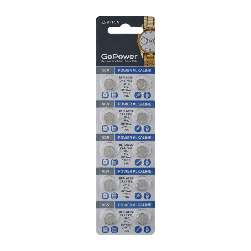 Батарейка GoPower G9/LR936/LR45/394A/194 BL10 Alkaline 1.55V (10/100/3600)