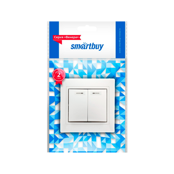 Выключатель Smartbuy 2-клавишный с индикатором 10А белый, керамика "Венера"
