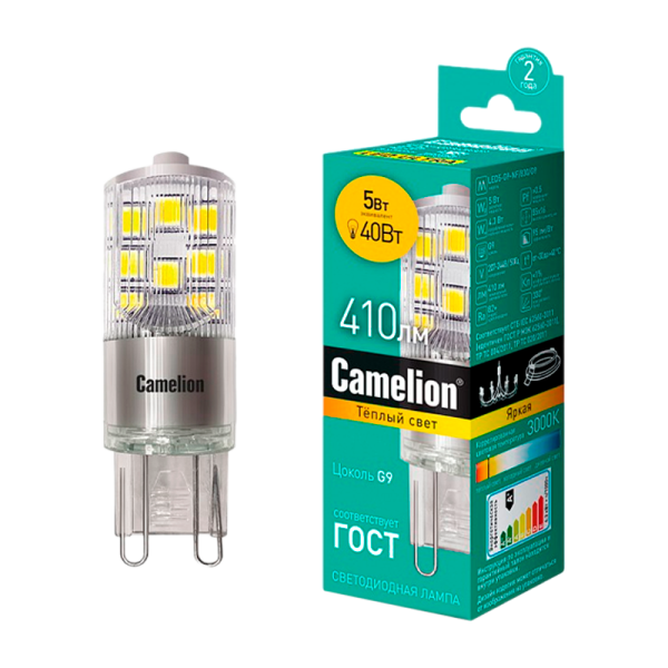 Лампа светодиодная Camelion G9 5W 3000К 170-265V прозрачная (1/10/500)