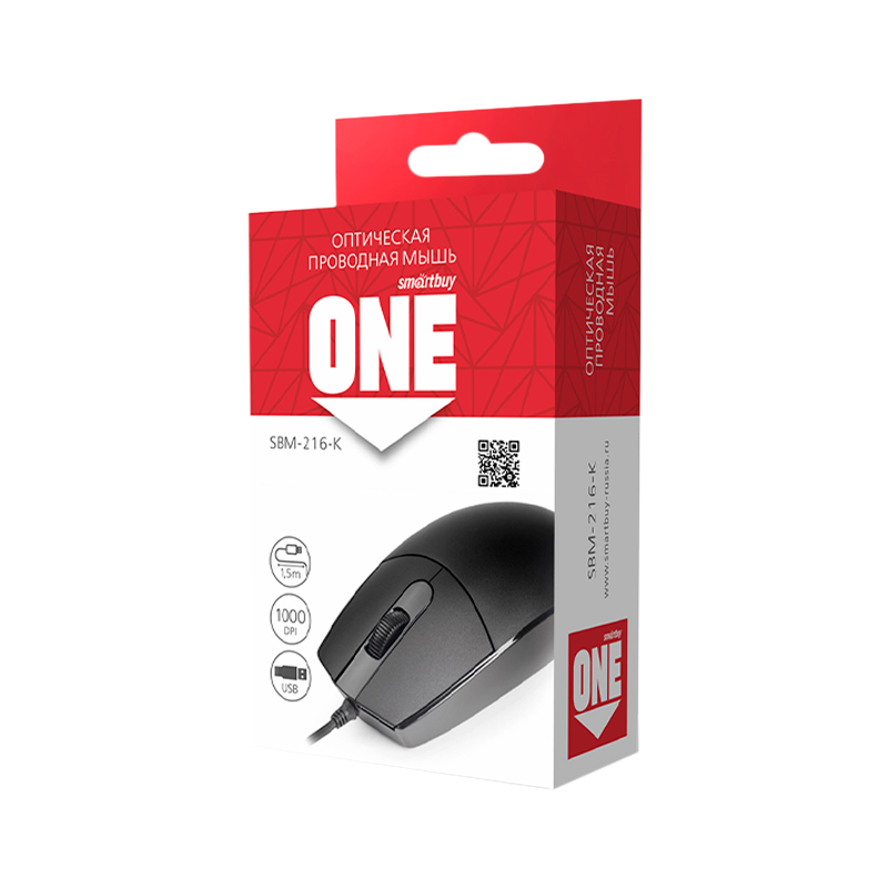 Мышь проводная Smartbuy 216 ONE классическая USB черный (1/100)