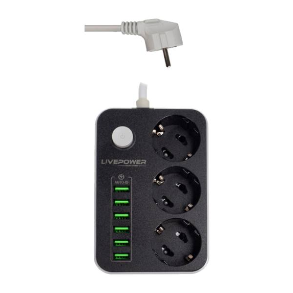 Сетевой фильтр Live Power LP3631 3р.С/З 10A 6USB с выкл. 2.0м черный (1/50)