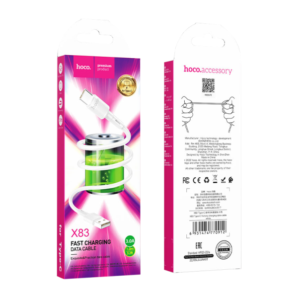 Кабель HOCO X83 USB (m)-Type-C (m) 1.0м 3.0A ПВХ белый (1/33/330)