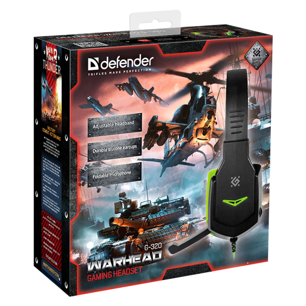 Наушники полноразмерные Defender G-320 Warhead с микр. игровые черный зеленый (1/20)