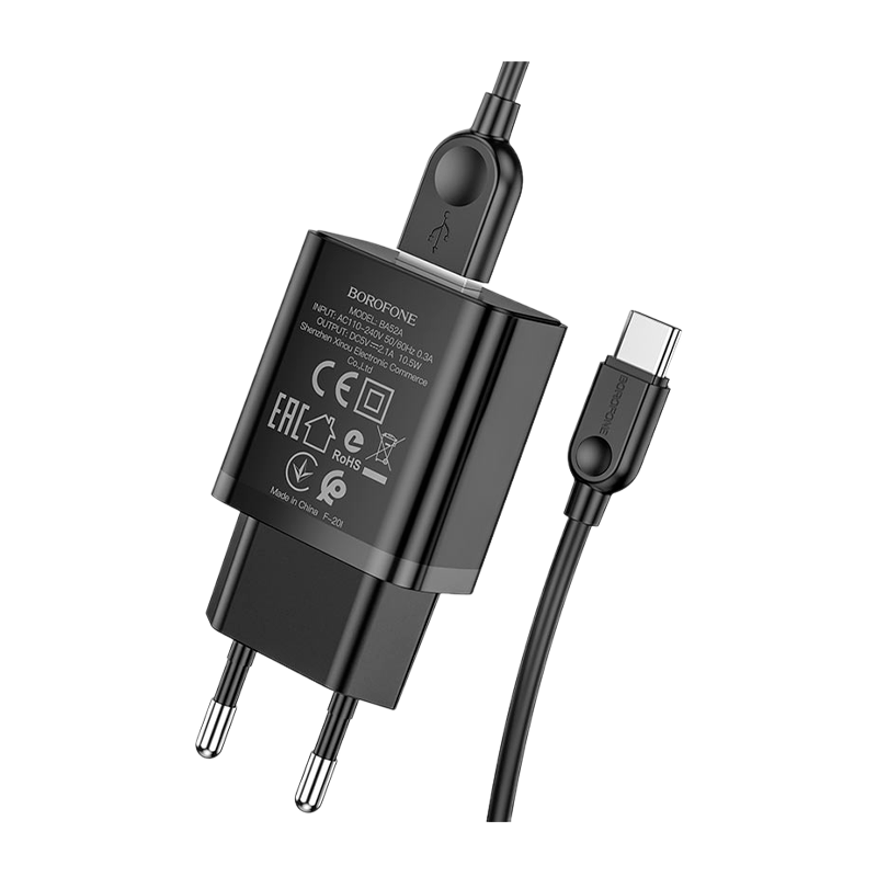 Сетевое З/У Borofone BA52A 1USB 2.1A с кабелем Type-C черный (1/48/192)