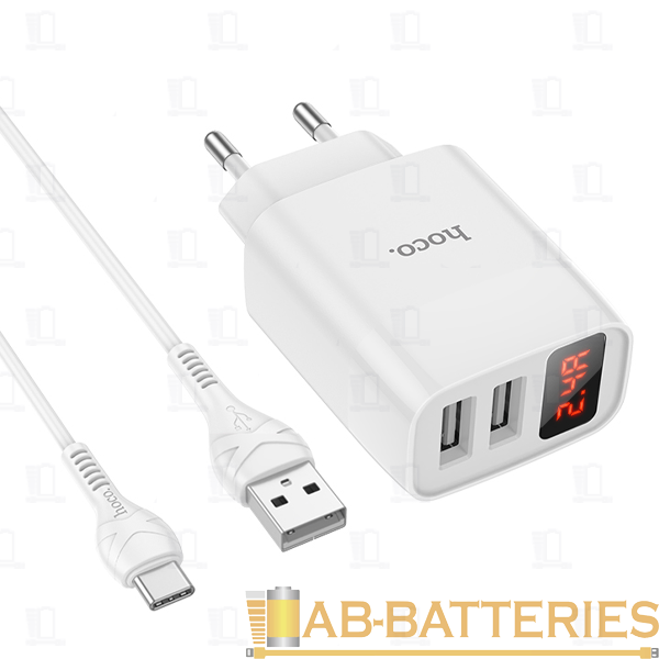 Сетевое З/У HOCO C86A 2USB 2.4A дисплей с кабелем Type-C белый (1/13/130)