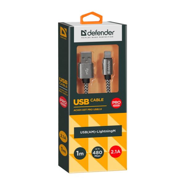 Кабель Defender ACH01-03T PRO USB2.0 (m)-Lightning (m) 1.0м 2.1A белый
