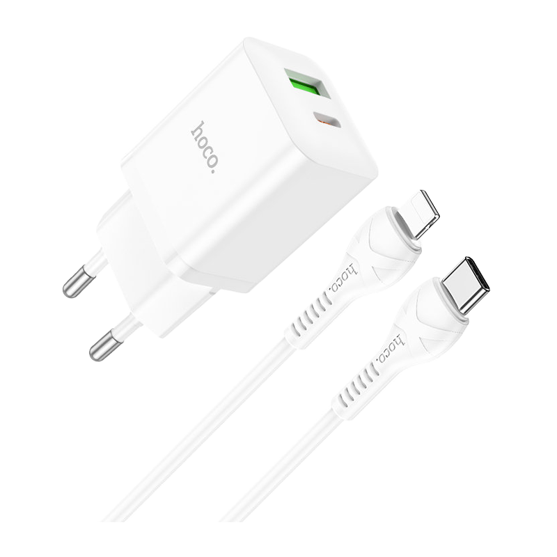 Сетевое З/У HOCO N28 1USB/Type-C 20W с кабелем Type-C-Lightning белый (1/13/130)