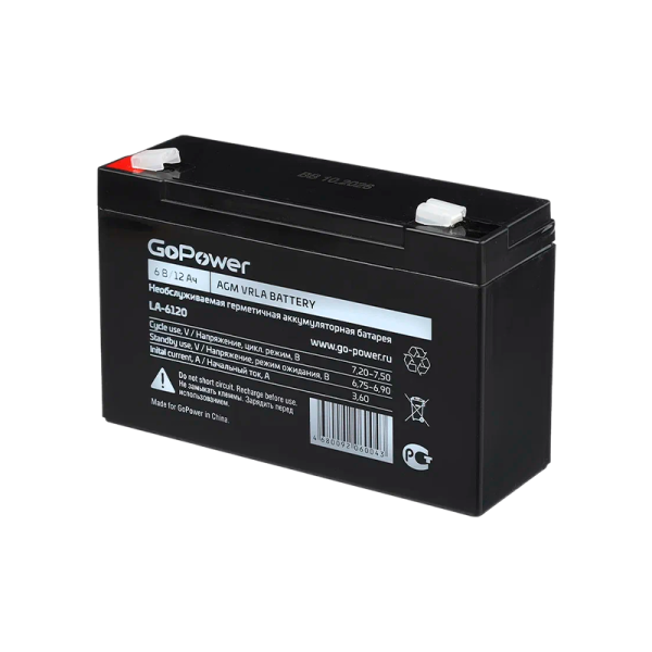Аккумулятор свинцово-кислотный GoPower LA-6120 6V 12Ah клеммы T2/ F2 (1/10)