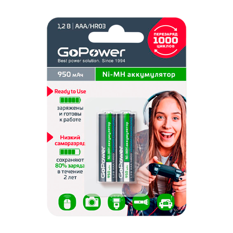 Аккумулятор предзаряженный RTU GoPower HR03 AAA BL2 NI-MH 950mAh (2/20/320)