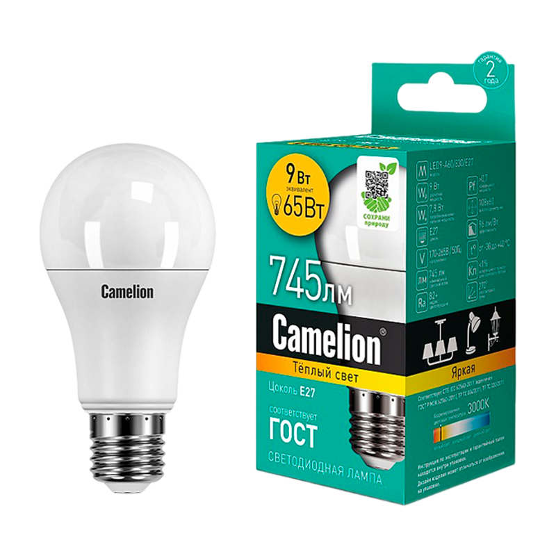 Лампа светодиодная Camelion A60 E27 9W 3000К 170-265V груша матовая (1/10/100)