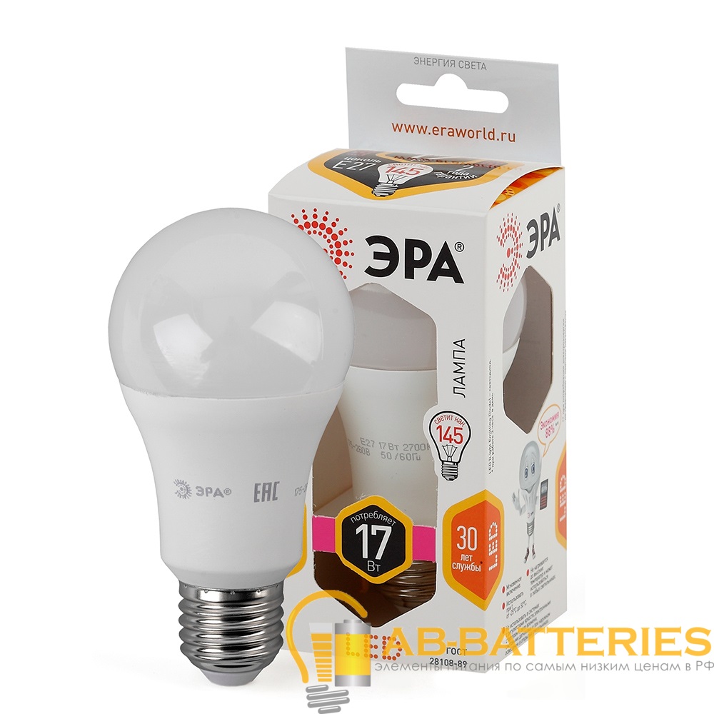 Лампа светодиодная ЭРА A60 E27 17W 2700К 170-265V груша (1/10/100)