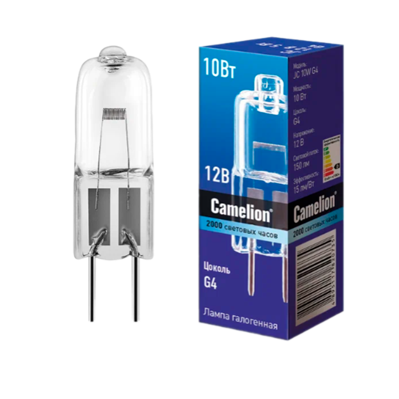 Лампа галогенная Camelion JC G4 10W 2800К 12V капсула прозрачная (1/100/1000)