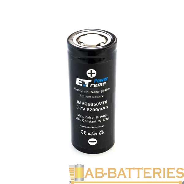 Аккумулятор ET IMR26650VT6 Deluxe Pack 2 5200мАч, высокая токоотдача, 20/30A, Li-Ion (2/100)