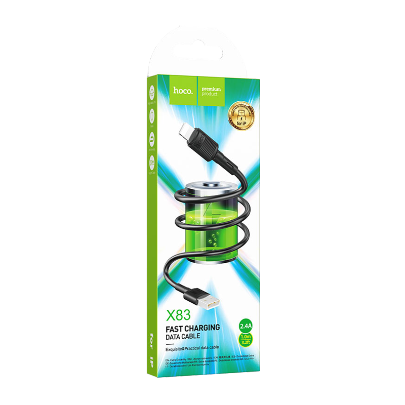 Кабель HOCO X83 USB (m)-Lightning (m) 1.0м 2.4A ПВХ черный (1/33/330)