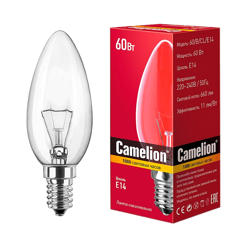 Лампа накаливания Camelion E14 60W 220V свеча прозрачная (1/100)