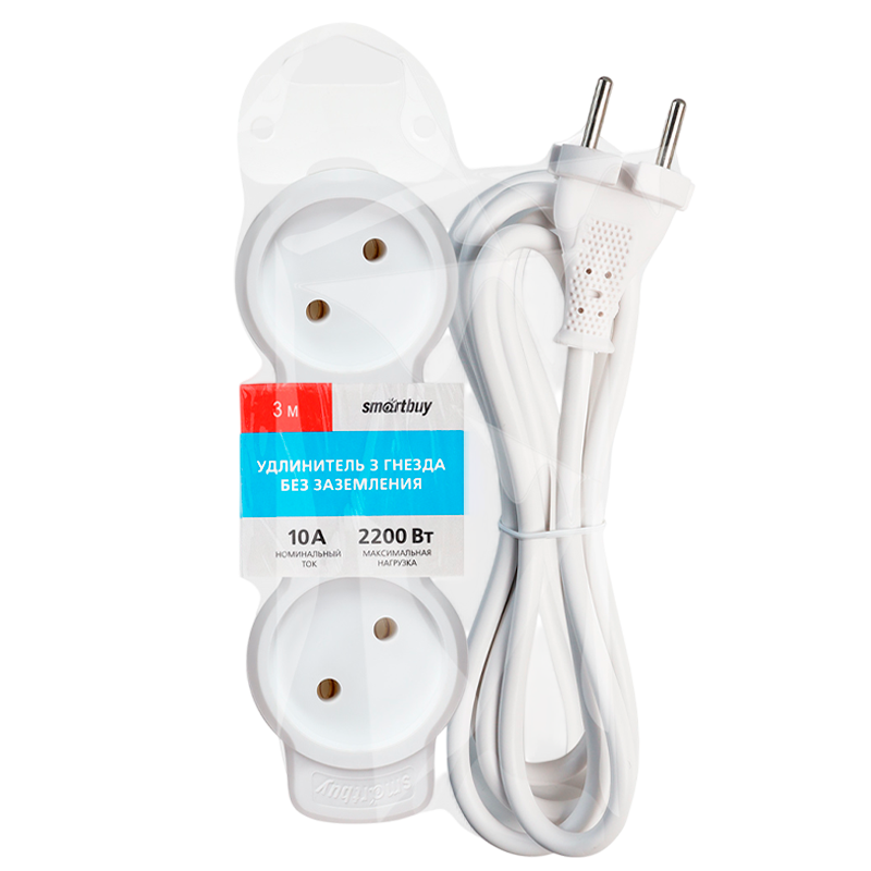 Удлинитель Smartbuy NEW 3р.Б/З 10A 3.0м ПВС 2x1мм² белый (1/50)