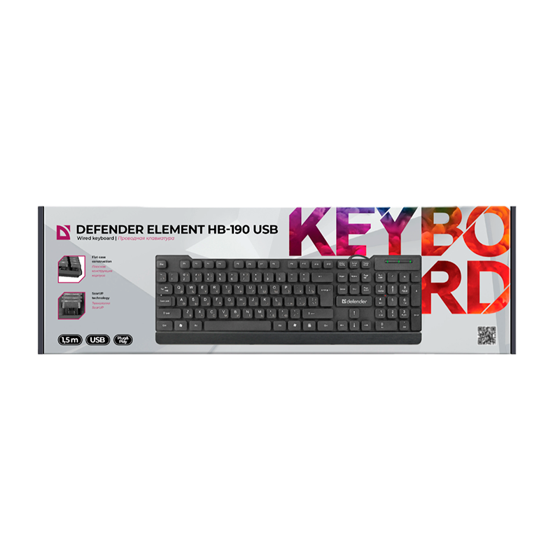 Клавиатура проводная Defender HB-190 USB RU Element классическая USB 1.5м черный (1/20)