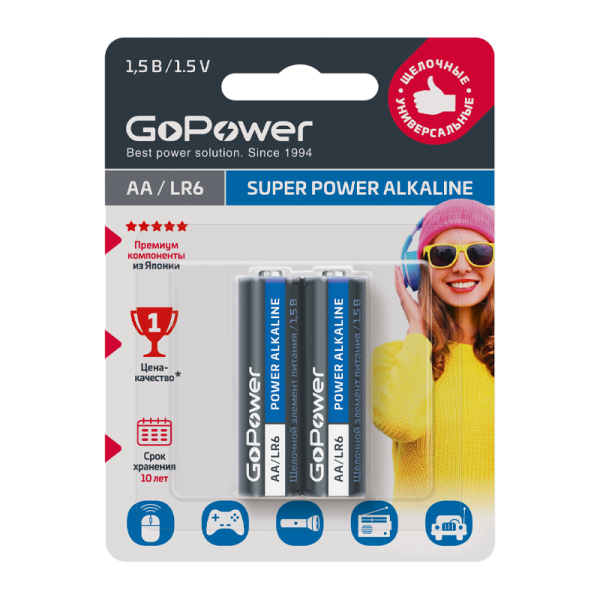 Батарейка GoPower LR6 AA BL2 Alkaline 1.5V (2/24/480)