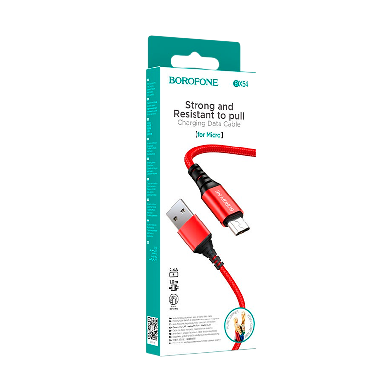 Кабель Borofone BX54 USB (m)-microUSB (m) 1.0м 2.4A нейлон красный (1/360)