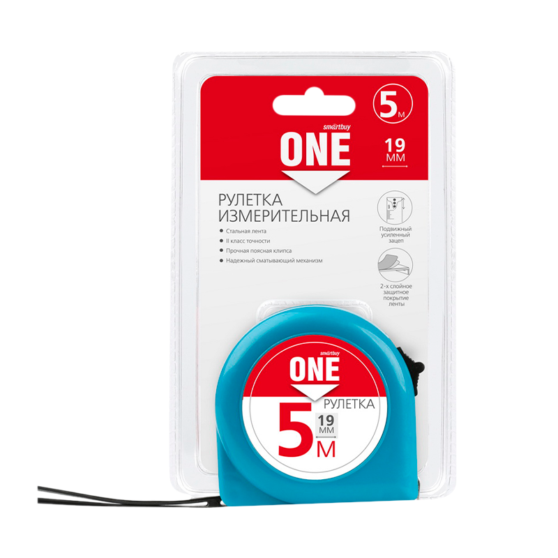 Рулетка измерительная Smartbuy ONE Tools 5м*19мм пластик фиксатор голубой (1/72)