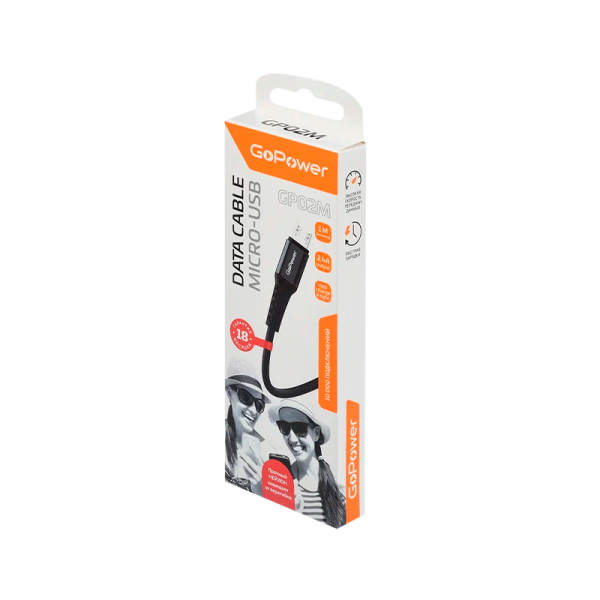 Кабель GoPower GP02M USB (m)-microUSB (m) 1.0м 2.4A нейлон черный (1/200/800)