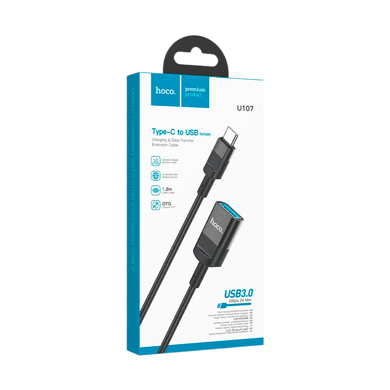 Переходник HOCO U107 USB (m)-Type-C (f) 0.1м нейлон черный (1/37/370)