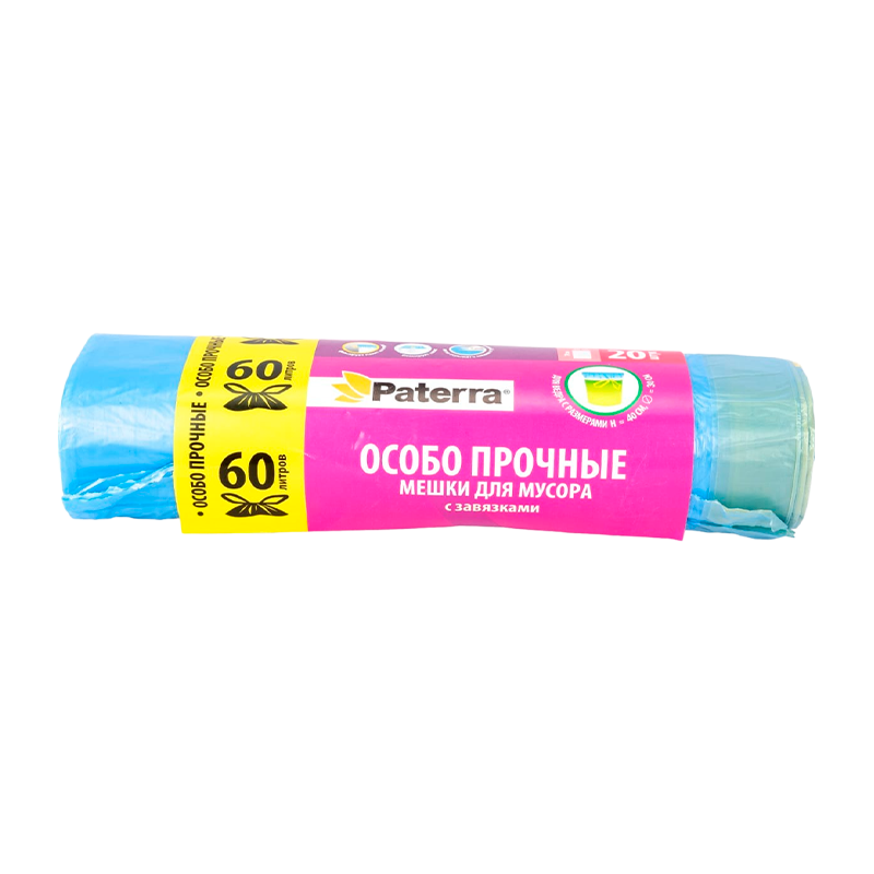 Мешки для мусора "ОСОБО ПРОЧНЫЕ", 60 л, с завязками, 12 мкм, 20 шт. в рулоне, PATERRA (1/25)