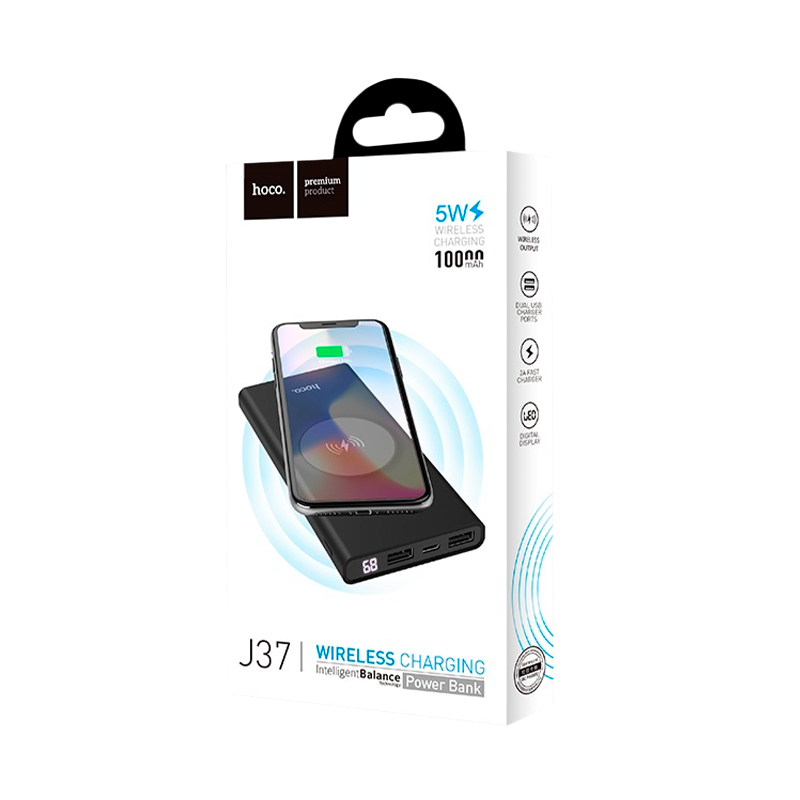 Внешний аккумулятор HOCO J37 10000mAh 2.0A 2USB/Type-C беспр. зар. Qi черный (1/39)