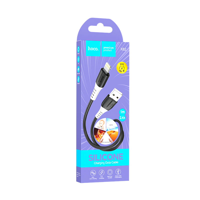 Кабель HOCO X82 USB (m)-Lightning (m) 1.0м 2.4A силикон черный (1/31/310)
