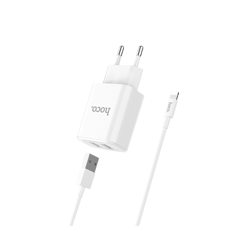 Сетевое З/У HOCO C62A 2USB 2.1A умная зарядка (IC) с кабелем Lightning белый (1/21/126)