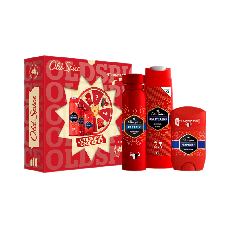 Набор Old Spice Captain мужской (спрей 150мл+стик 50мл+гель-душ 250мл+подарок)