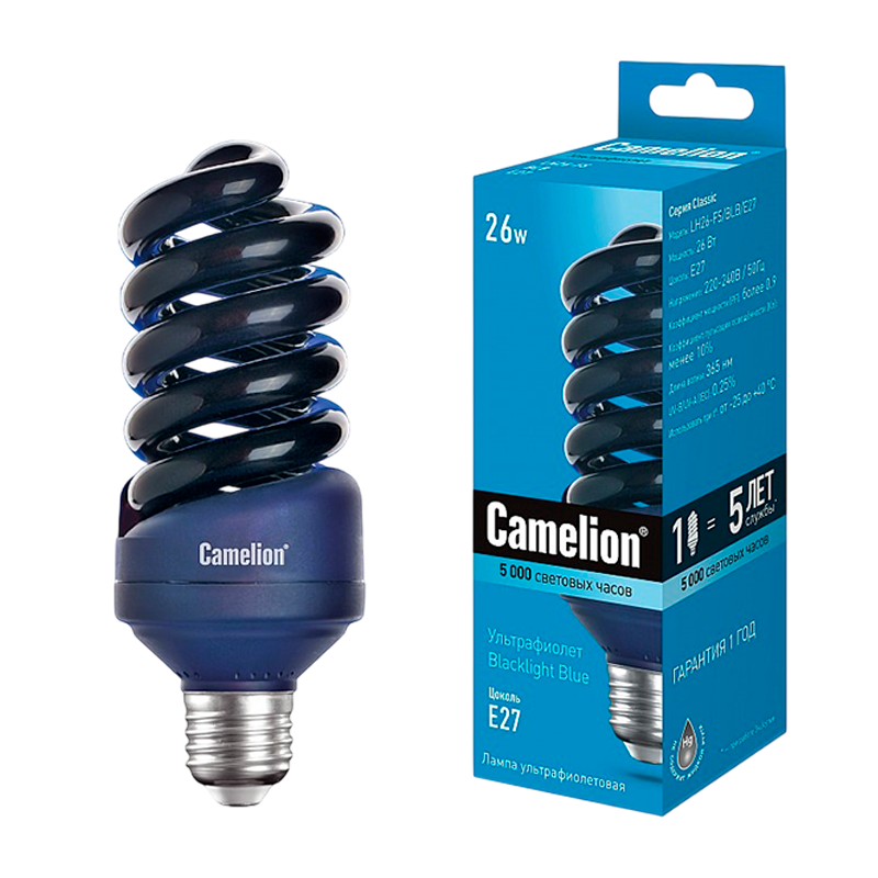 Лампа энергосберегающая ультрафиолетовая Camelion T4 E27 26W 220-240V спираль (1/5/25/100)