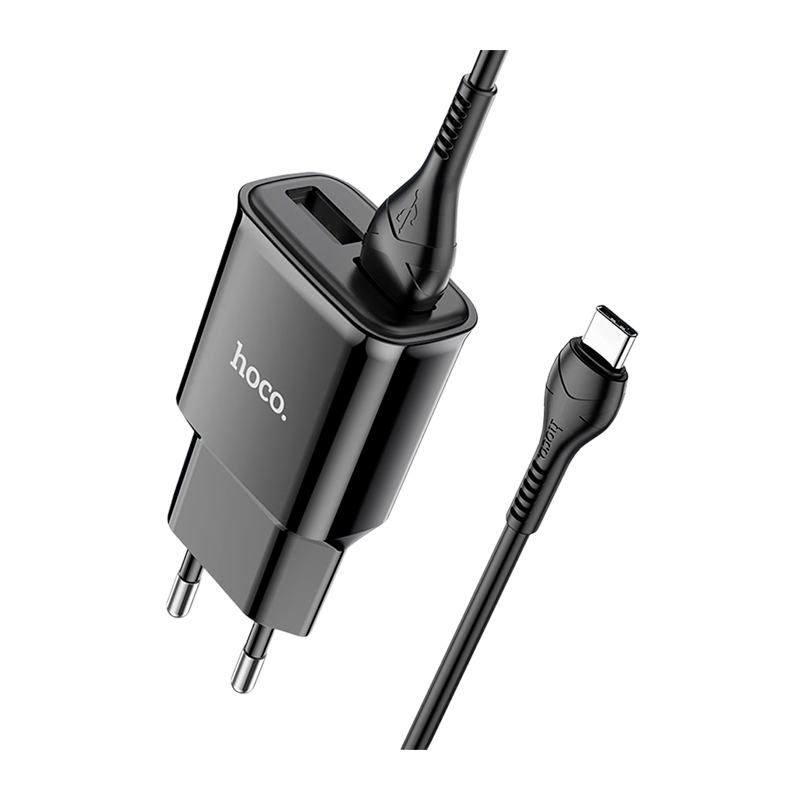 Сетевое З/У HOCO C88A 2USB 2.4A с кабелем Type-C черный (1/12/120)