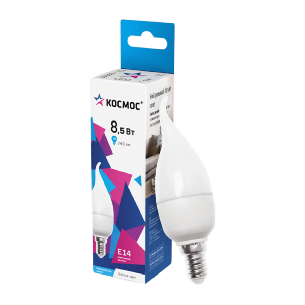 *Лампа светодиодная Космос CW E14 8.5W 4500К 220V свеча на ветру матовая (1/10/80) 