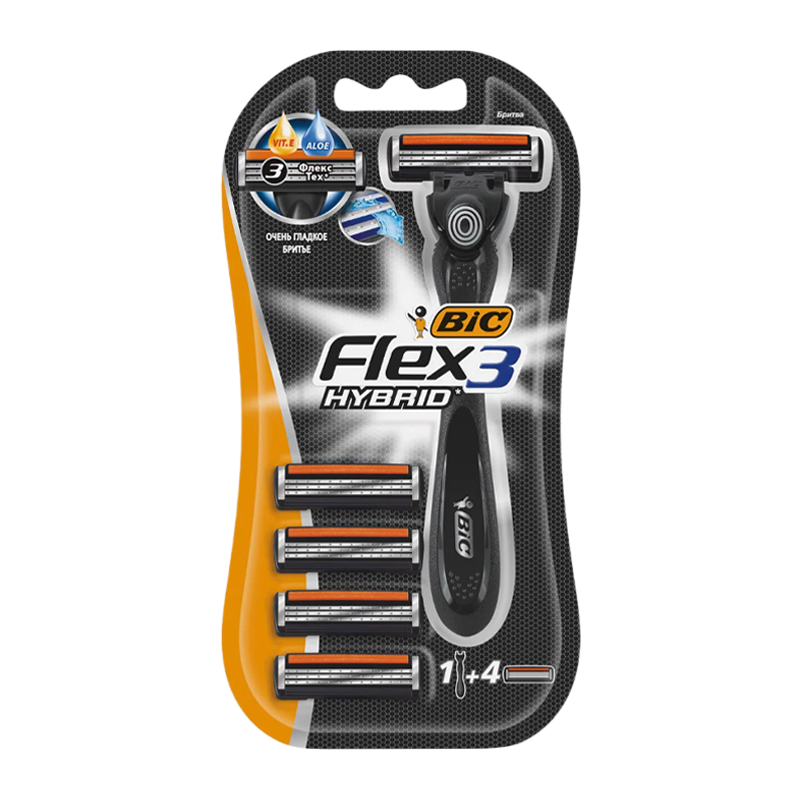 Бритва BIC "Flex 3 Hybrid" 3 лезвия 4 кассеты пластиковая ручка плавающая головка (1/10)