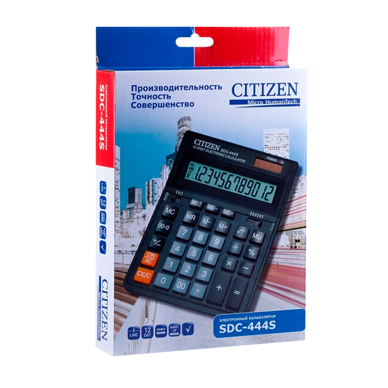 Калькулятор полноразмерный Citizen SDC-444S 12-разрядный для бухгалтеров черный