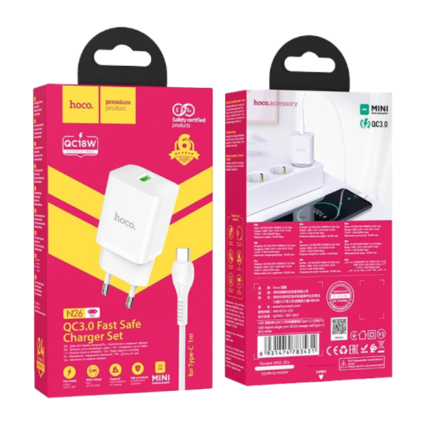 Сетевое З/У HOCO N26 1USB 18W QC3.0 с кабелем Type-C белый (1/13/130)