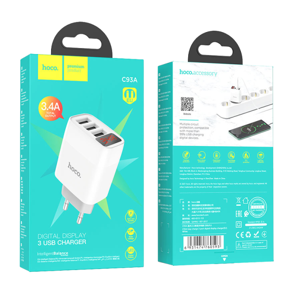 Сетевое З/У HOCO C93A 3USB 3.4A белый (1/12/120)
