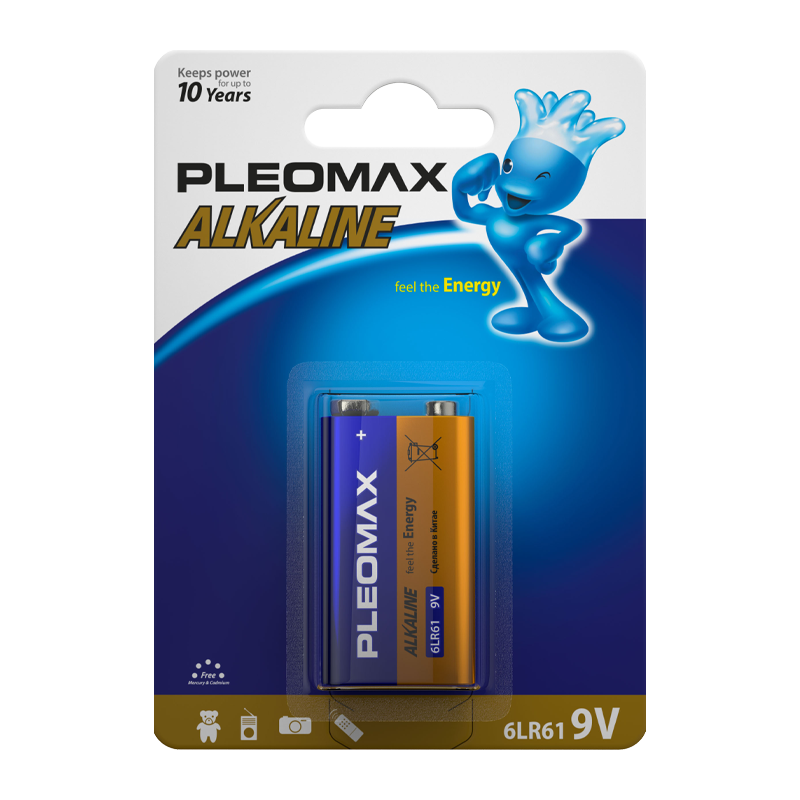 Батарейка Pleomax Крона 6LR61 BL1 Alkaline 9V (1/10/200/7200)