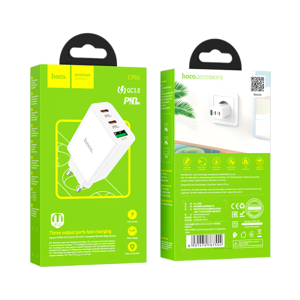 Сетевое З/У HOCO C99A 1USB/2Type-C 3.0A 20W белый (1/13/130)