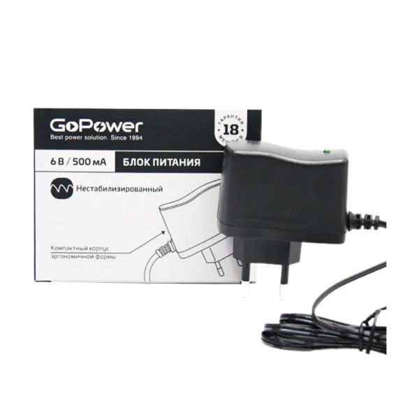 Блок питания GoPower 500mA 6V 5,5x2,5/12мм нестабилизированный положительная полярность (1/150)