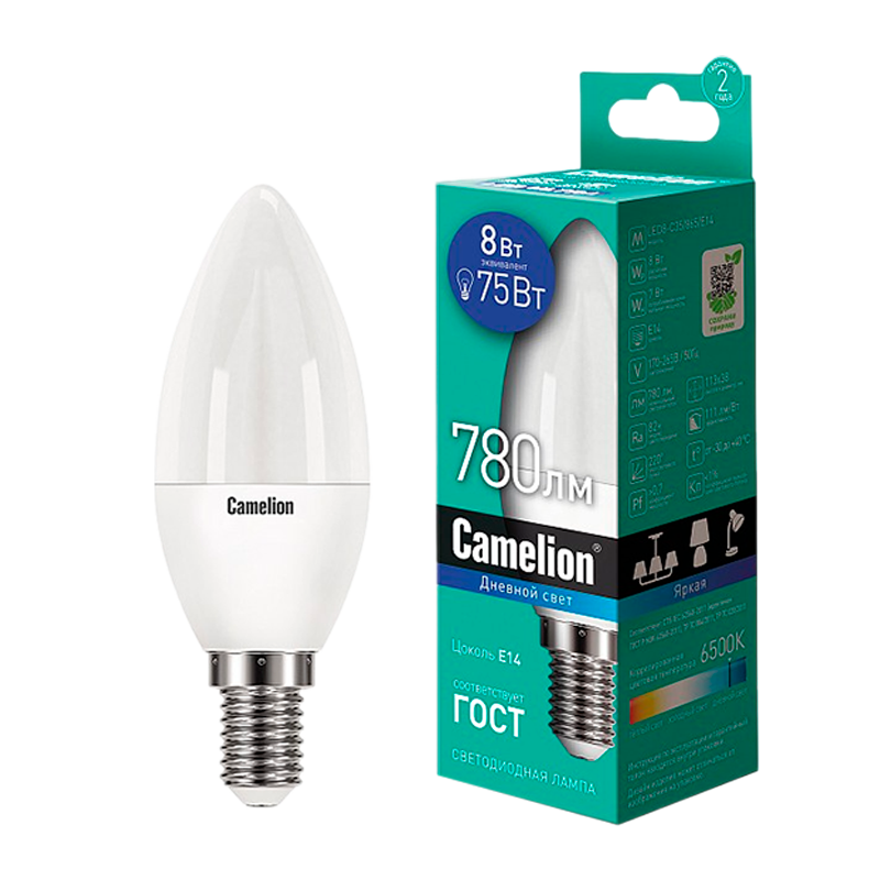 Лампа светодиодная Camelion C35 E14 8W 6500К 170-265V свеча матовая (1/10/100)