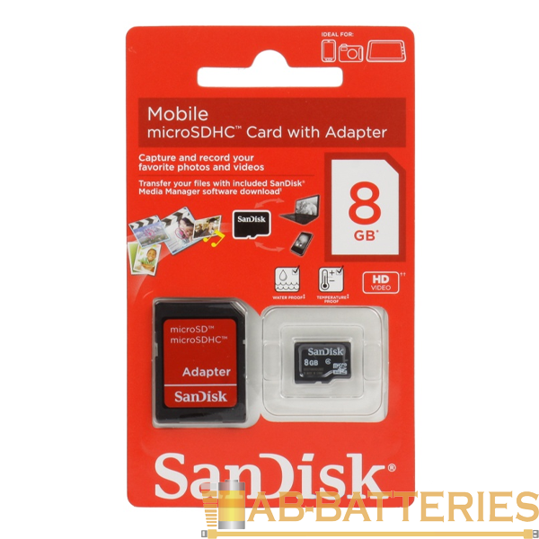 Карта памяти microSD SanDisk 8GB Class4 20 МБ/сек с адаптером