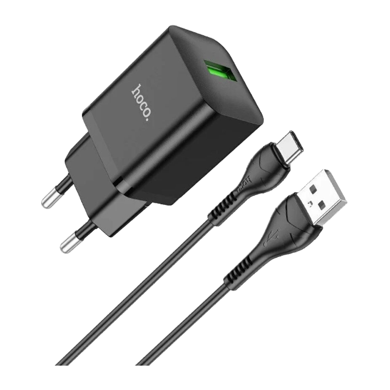 Сетевое З/У HOCO N26 1USB 18W QC3.0 с кабелем Type-C черный (1/13/130)