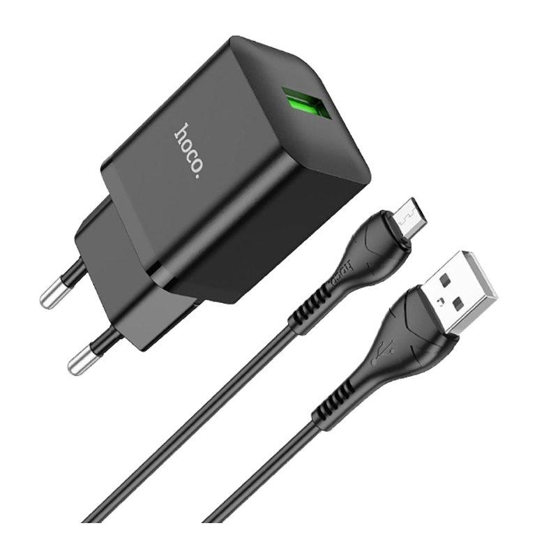 Сетевое З/У HOCO N26 1USB 18W QC3.0 с кабелем microUSB черный (1/13/130)