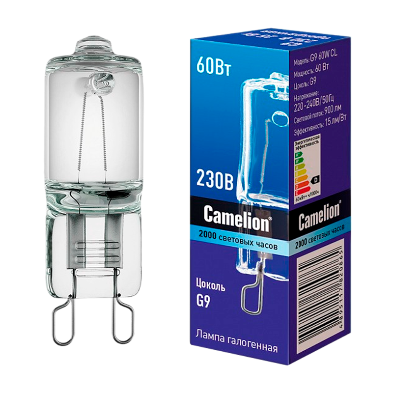 Лампа галогенная Camelion G9 60W 2800К 220-240V капсула прозрачная (1/5/100)