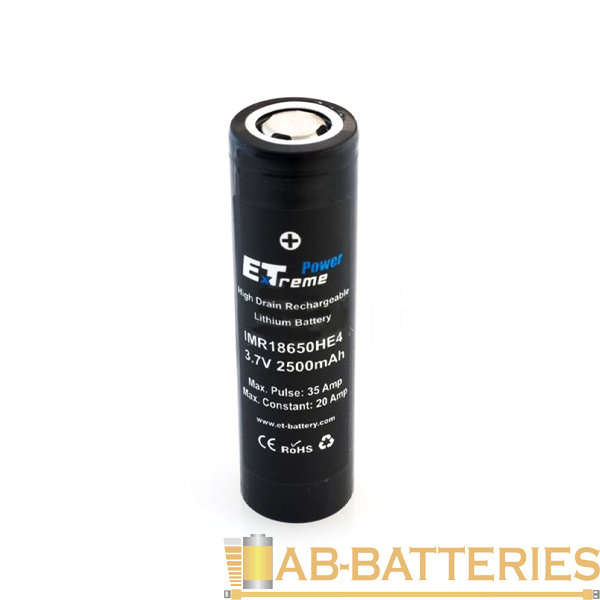 Аккумулятор ET IMR18650HE4 BULK высокая токоотдача, 20/35А, 18.0*65.0, 2500mAh, Li-Ion (1/100/200)