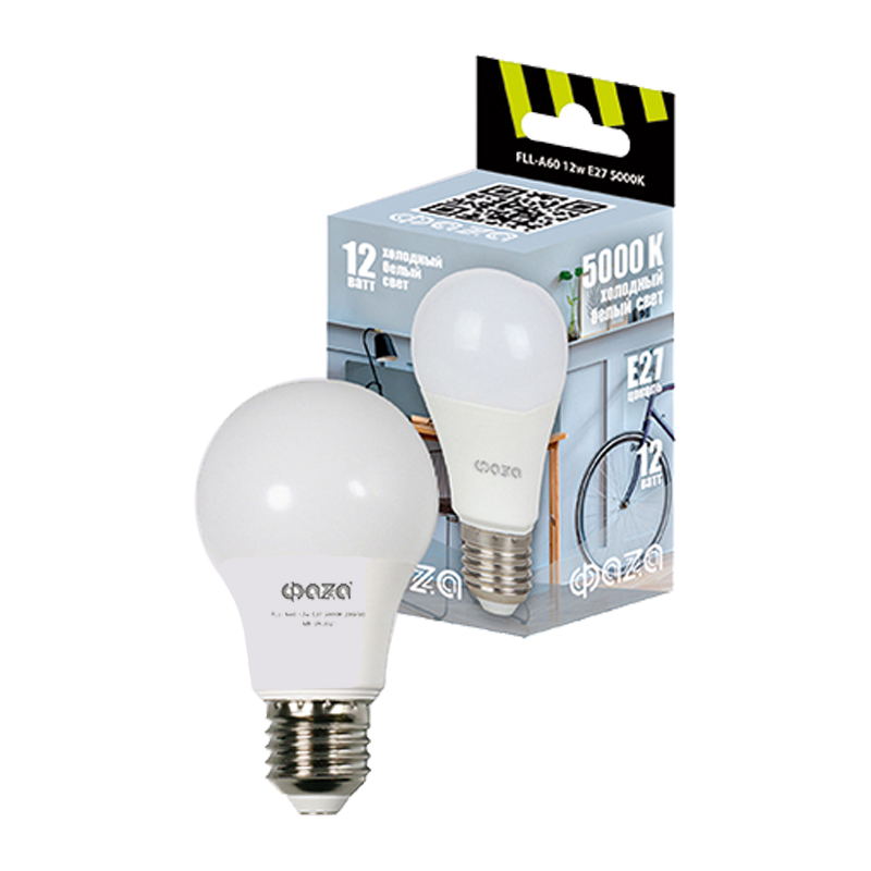 *Лампа светодиодная Фаzа A60 E27 12W 5000К 220-240V груша (1/10/100) 
