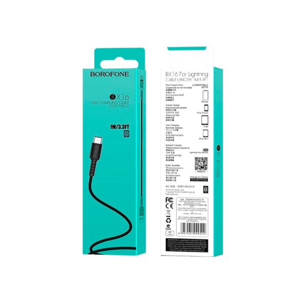 Кабель Borofone BX16 USB (m)-Type-C (m) 1.0м 2.0A ПВХ черный (1/648)