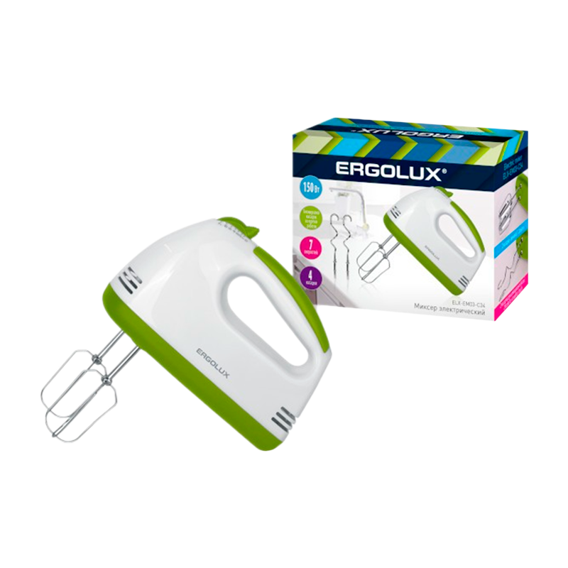 Миксер ручной Ergolux ELX-EM03-C34 150W 7 скоростей белый зеленый